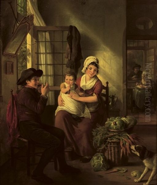 A Family In An Interior With A Dog Nearby Oil Painting by Adriaen de Lelie