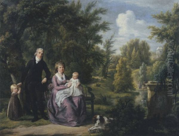 Portrait Of A Gentleman And A Lady, The Latter Seated On A Bench With Their Two Children And Dog In The Park Of Elswout, Overveen, A Pond And Cupula Beyond Oil Painting by Adriaen de Lelie