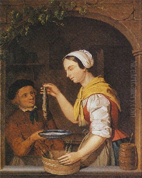 A Young Woman Holding A Herring, Standing With A Boy In A Window Oil Painting by Adriaen de Lelie