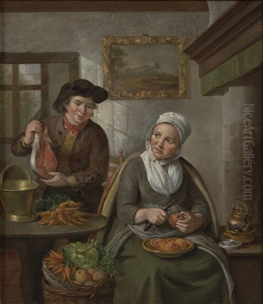 A Couple In A Kitchen With A Woman Peeling Apples, And A Man Holding Up A Piece Of Salmon Oil Painting by Jan Adriaan Antonie de Lelie