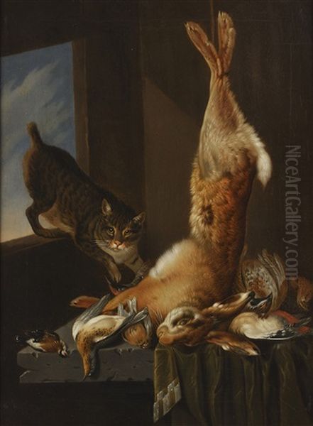 Still Life With Hare, Birds And Cat In Pantry Window Oil Painting by Cornelis van Lelienbergh