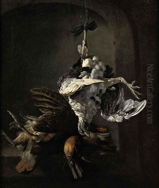 A Pigeon Hanging From A Blue Ribbon With Other Birds In A Trompe-l'oeil Stone Niche Oil Painting by Cornelis van Lelienbergh