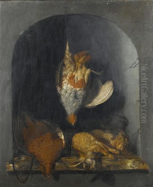 A Dead Partridge Hanging From A Nail, With A Dead Pheasant, Two Hares And Hunting Paraphernalia On A Marble Ledge Oil Painting by Cornelis van Lelienbergh