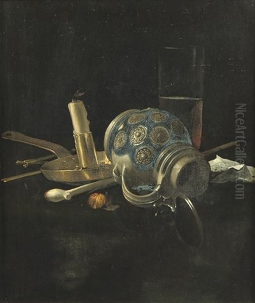 A Stoneware Jug, A Glass Of Beer, A Candlestick And A Pipe On A Draped Table Oil Painting by Cornelis van Lelienbergh