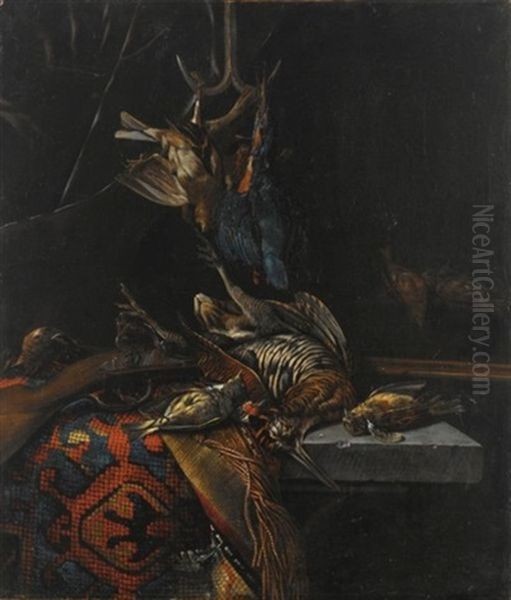 A Still Life With A Woodcock, A Kingfisher And Songbirds, All On A Stone Table Draped With A Tapestry, Together With A Gun Oil Painting by Cornelis van Lelienbergh