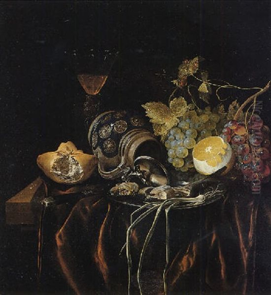 A Still Life Of Siegburger Kanne, Herring And A Spring Onion On A Silver Plate, Grapes, A Peeled Lemon, A Bread Roll And A Glass With Wine Oil Painting by Cornelis van Lelienbergh