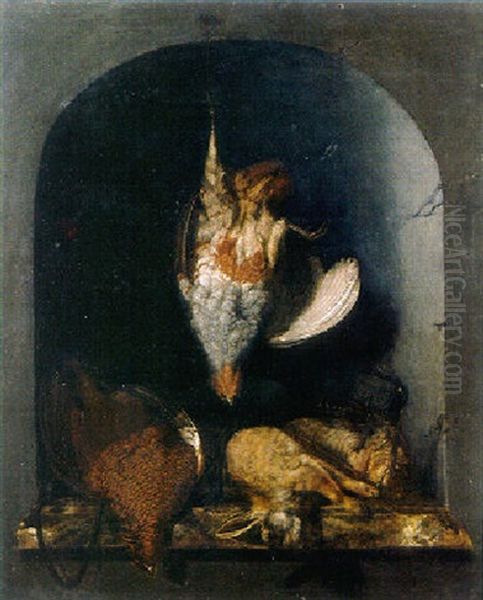 A Trompe L'oeil: A Grey Partridge Hanging Before A Stone Niche With A Dead Grouse, A Rabbit, Black Game And A Hunting Bag Oil Painting by Cornelis van Lelienbergh