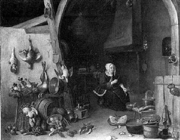 A Maid Peeling In A Kitchen, With A Dead Hare, A Mortar, Fruit On A Wan-li Dish, And A Barrel Oil Painting by Cornelis van Lelienbergh