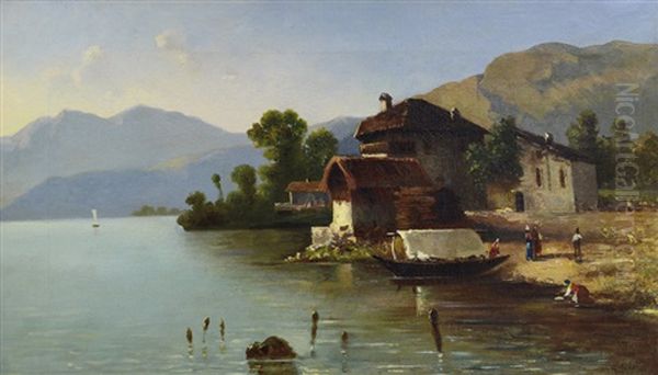 Figure E Case Sul Lago Di Como Oil Painting by Giovanni Battista Lelli