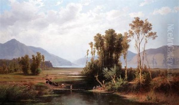 Landscape With Figures Crossing A River Oil Painting by Giovanni Battista Lelli