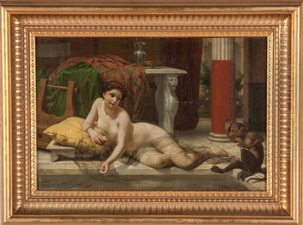 Reclining Nude Near Pool Oil Painting by Alexandre-Louis Leloir