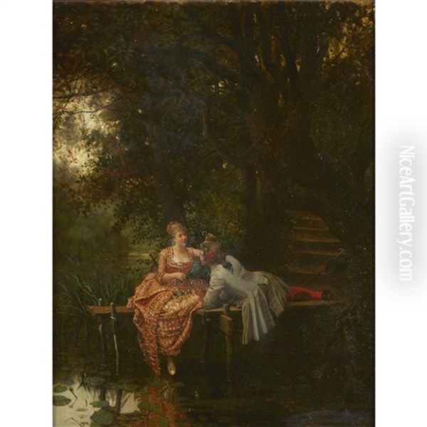 Lovers By A Pool Oil Painting by Maurice Leloir