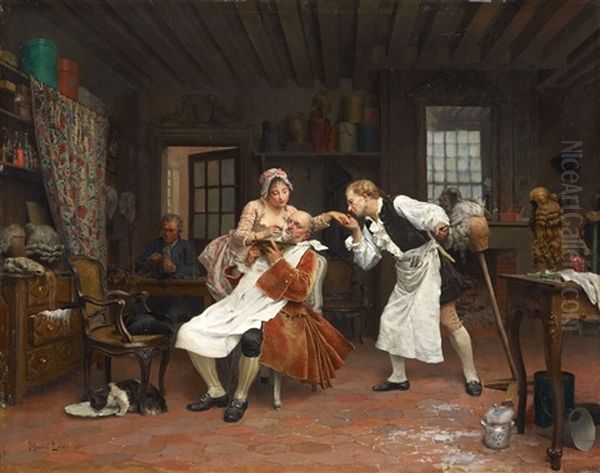 At The Barber Oil Painting by Maurice Leloir