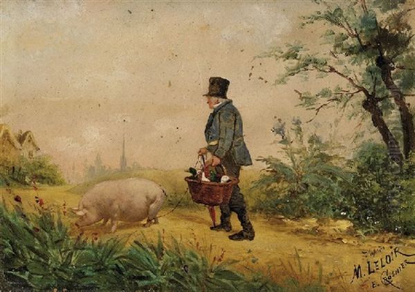 A Gentleman With His Ducklings And Piglet Oil Painting by Maurice Leloir