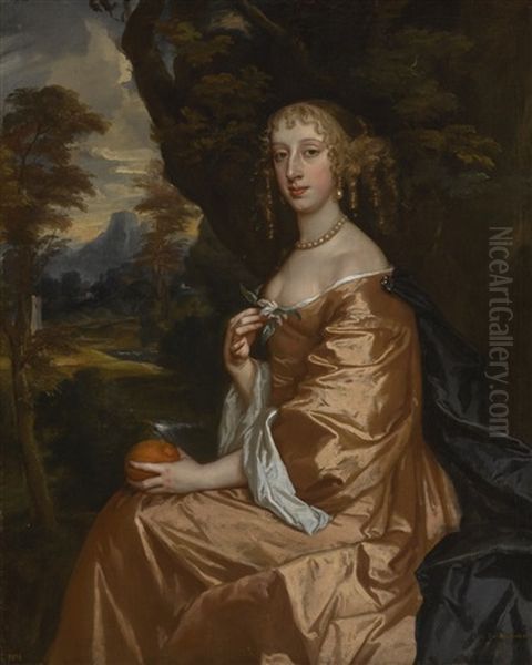 Lady Penelope Nicholas (1640-1703), Seated Three-quarter Length, Wearing A Gold Dress And Holding An Orange Oil Painting by Sir Peter Lely