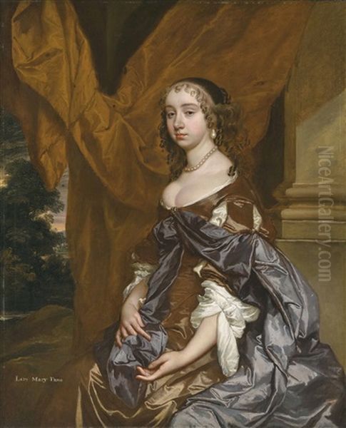 Portrait Of Lady Mary Fane, Later Countess Of Exeter (1639-1681), Three-quarter-length, In A Brown Dress And Purple Shawl Oil Painting by Sir Peter Lely