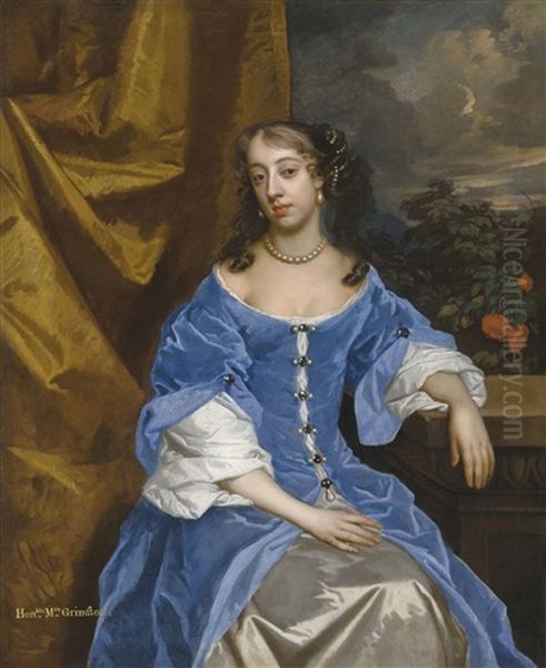 Portrait Of Hon. Mrs Grimston, Nee Finch, Afterwards Lady Elizabeth Grimston (1650-1675), Three-quarter-length, In A Blue Dress, Resting Her Left Arm On A Pedestal Oil Painting by Sir Peter Lely