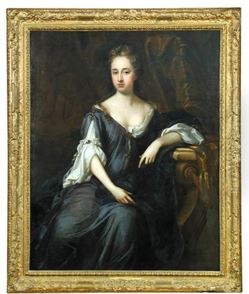 Portrait Of A Lady In A Blue And Cream Dress Oil Painting by Sir Peter Lely