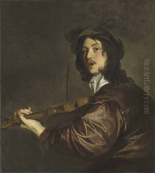 A Man Playing A Violin, Possibly A Portrait Of The Artist Oil Painting by Sir Peter Lely