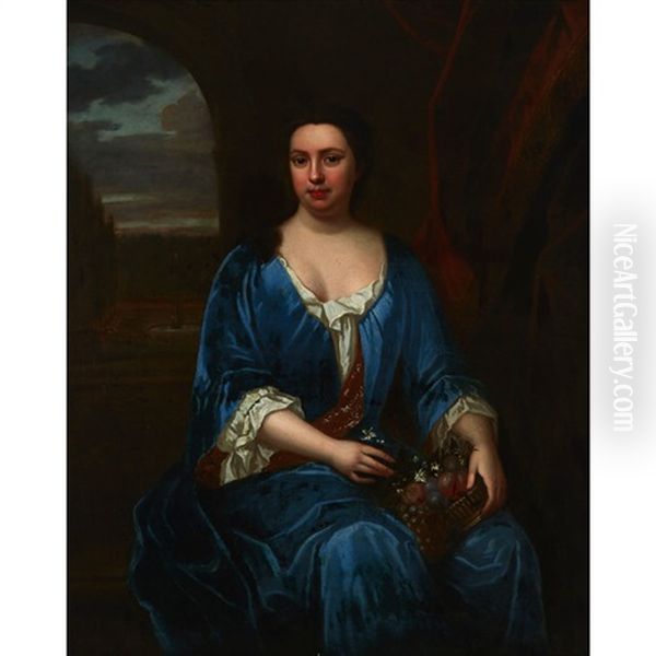 A Lady, Three-quarter Length, In A Blue Dress, Holding A Basket Of Fruit, An Estate Garden Beyond Oil Painting by Sir Peter Lely