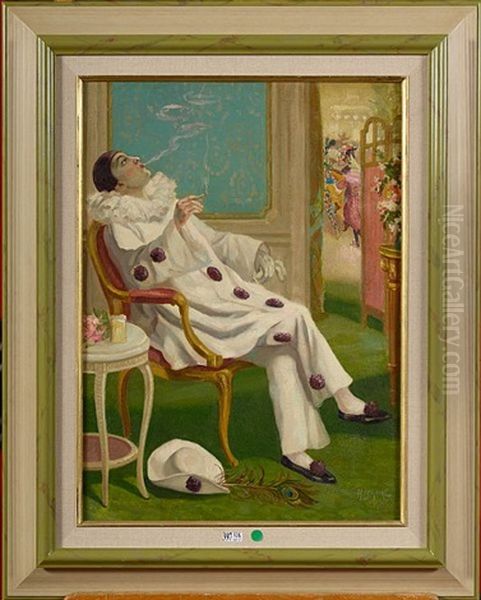 Pierrot A La Cigarette Oil Painting by Henri Lemaire