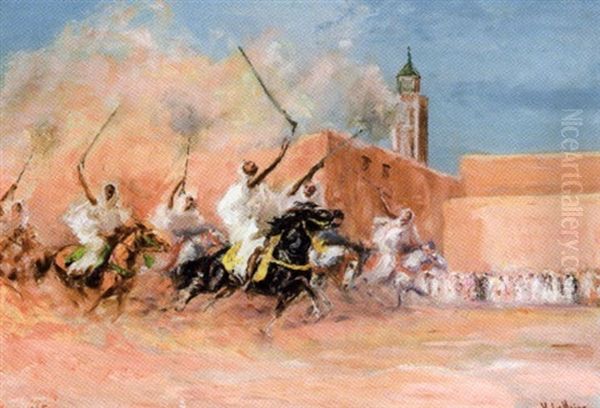 Fantasia Devant Les Remparts De Meknes Oil Painting by Henri Lemaire