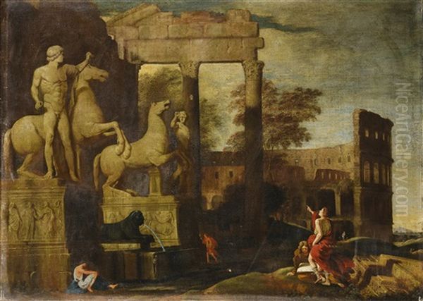 Landscape With The Dioscuri And Antic Ruins Animated With Figures Oil Painting by Jean (Lemaire-Poussin) Lemaire