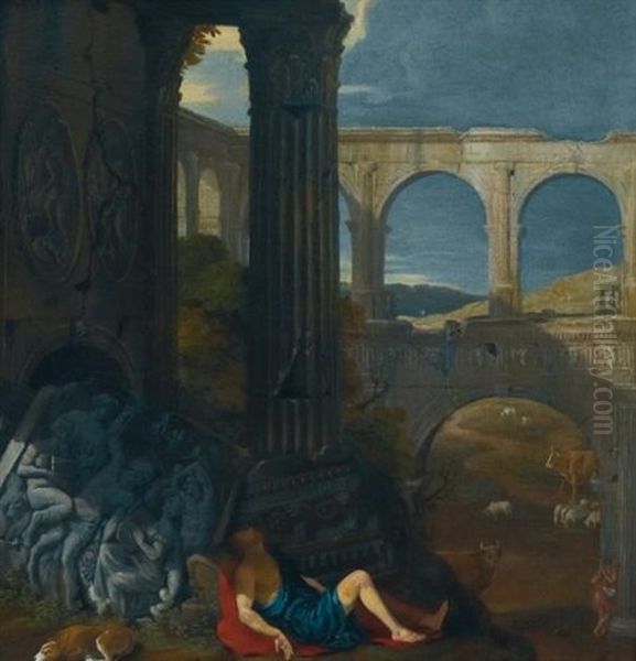 An Architectural Capriccio With Ancient Ruins, A Triumphal Arch And An Haut-relief Sculpture, With The Story Of Mercury And Argus Oil Painting by Jean (Lemaire-Poussin) Lemaire