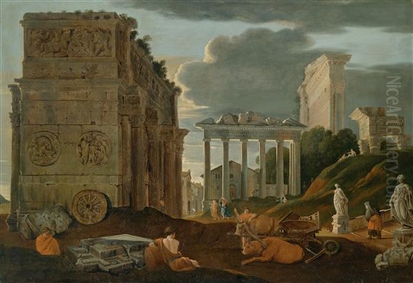 Capricccio Des Forum Romanum Mit Dem Konstantinsbogen, Dem Tempel Des Saturn, Dem Tempel Des Vespasian Und Der Torre Di Mecenate (tempel Der Serapis) Oil Painting by Jean (Lemaire-Poussin) Lemaire