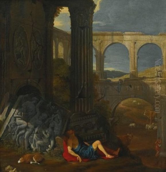 An Architectural Capriccio With Ancient Ruins, A Triumphal Arch And A Haut-relief Sculpture, With The Story Of Mercury And Argus Oil Painting by Jean (Lemaire-Poussin) Lemaire