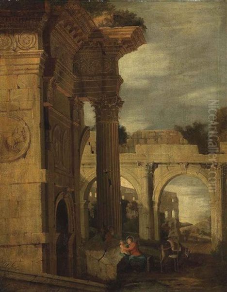 An Architectural Capriccio Of Roman Ruins, With The Rest On The Flight To Egypt Oil Painting by Jean (Lemaire-Poussin) Lemaire