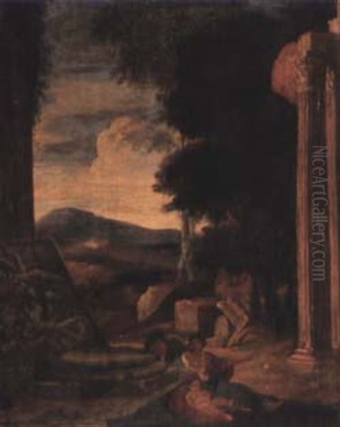 Couple Dans Un Paysage De Ruines Antiques Oil Painting by Jean (Lemaire-Poussin) Lemaire