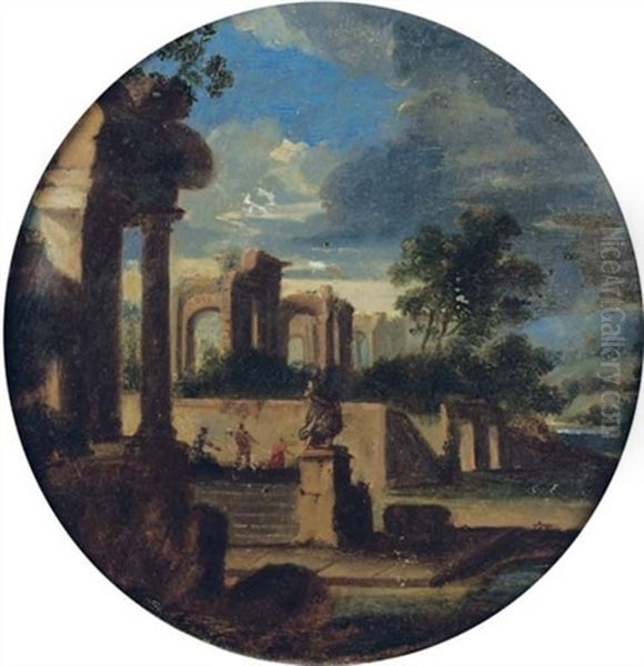 A Capriccio Of Classical Ruins In A Stormy Landscape Oil Painting by Jean (Lemaire-Poussin) Lemaire