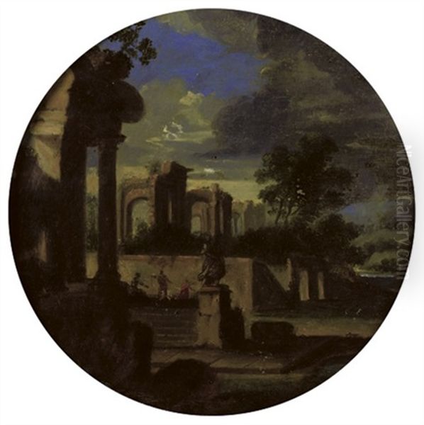 A Capriccio Of Classical Ruins In A Stormy Landscape Oil Painting by Jean (Lemaire-Poussin) Lemaire