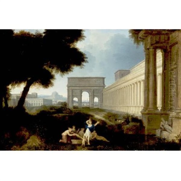 Classical Figures In An Architectural Landscape Oil Painting by Jean (Lemaire-Poussin) Lemaire