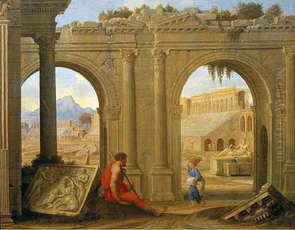 Figures Amongst Classical Architectural Ruins Oil Painting by Jean (Lemaire-Poussin) Lemaire