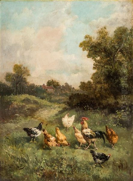 Chickens In The Yard Oil Painting by Louis Marie Lemaire