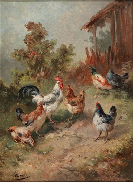 Huhner Vor Einem Stall Und Huhner Am Weg Oil Painting by Louis Marie Lemaire