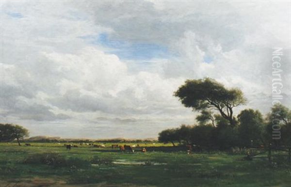 Seated Figure And Cattle Grazing In An Extensive Landscape Oil Painting by Louis Marie Lemaire