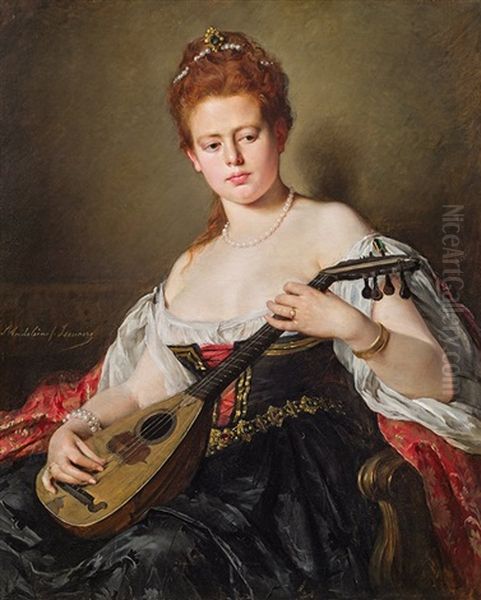 Lady With A Mandolin Oil Painting by Madeleine Jeanne Lemaire