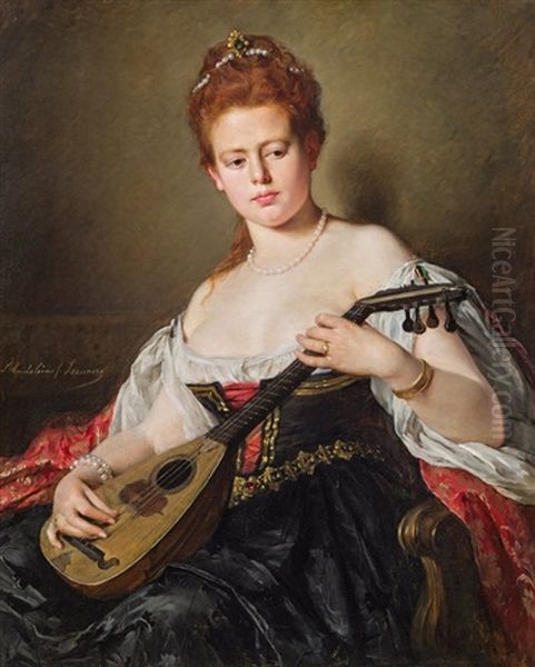 Dame Mit Mandoline Oil Painting by Madeleine Jeanne Lemaire