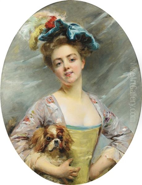 Jeune Femme Au Petit Chien Oil Painting by Madeleine Jeanne Lemaire