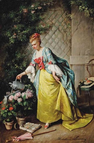 Watering The Flowers Oil Painting by Madeleine Jeanne Lemaire