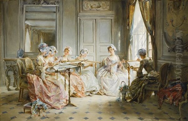 The Embroidery Class Oil Painting by Madeleine Jeanne Lemaire