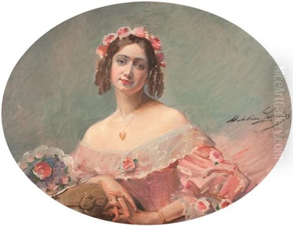 Portrait En Buste D'une Elegante Au Bouquet Oil Painting by Madeleine Jeanne Lemaire