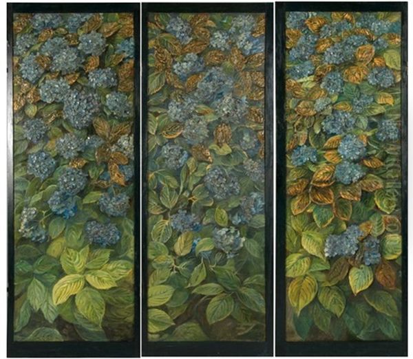 Paravent A Trois Feuilles Orne D'hortensias Bleu (in 3 Parts) Oil Painting by Madeleine Jeanne Lemaire