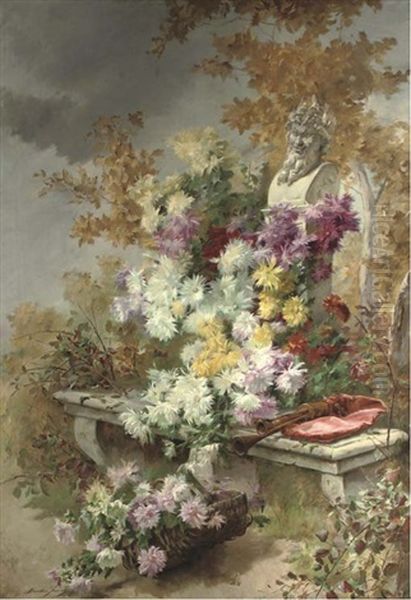 Dahlias With A Bust Of Pan In A Garden Oil Painting by Madeleine Jeanne Lemaire