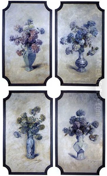 Hortensias Dans Un Vase Balustre En Porcelaine De Chine (+ 3 Others; 4 Works) Oil Painting by Madeleine Jeanne Lemaire