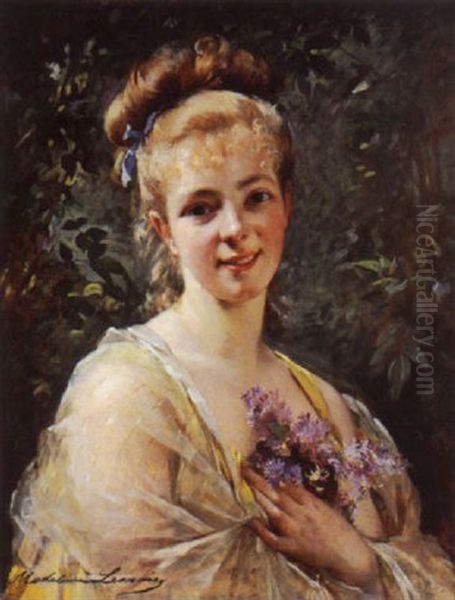 Portrait Aux Lilas Et Pensees Oil Painting by Madeleine Jeanne Lemaire