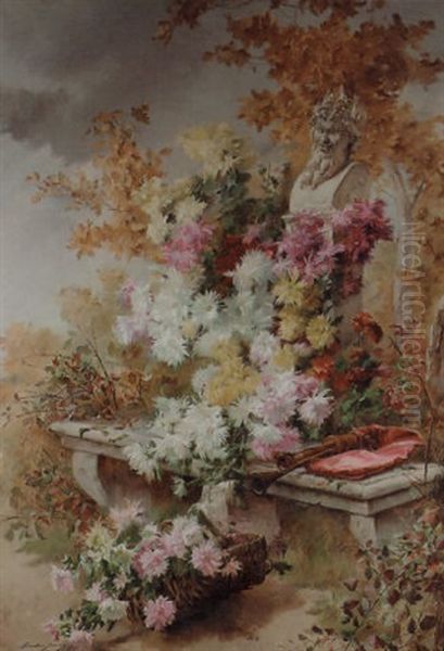 Dahlias With A Term Of Pan In A Garden Oil Painting by Madeleine Jeanne Lemaire